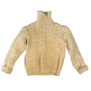 Hand Knit Kids Cable Knit Turtleneck Sweater Cream Off-White Vintage
